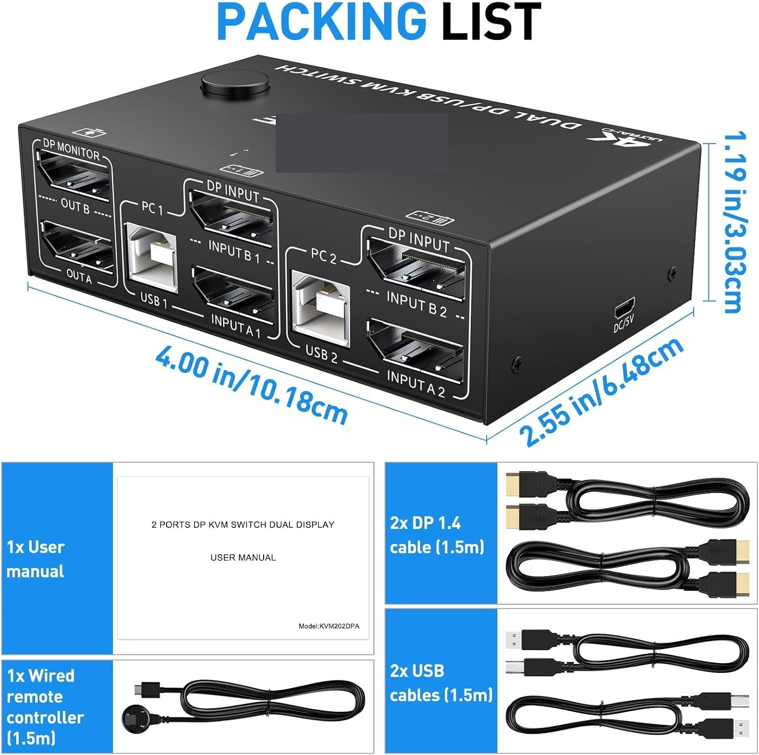 8K 4K Dual Monitor KVM Switch,Displayport 1.4 2 Monitors Computers Supper 8K@30Hz 4K@144Hz Share USB .0 Devices