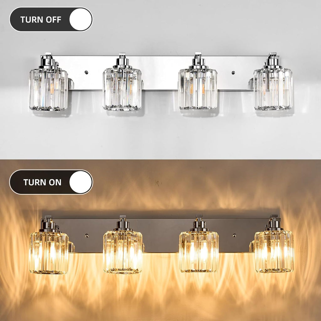 4 Lights Crystal Bathroom Vanity Light Modern Chrome Bathroom Light Fixture Bathroom Lighting Fixtures Over Mirror for Mirror E26 Base