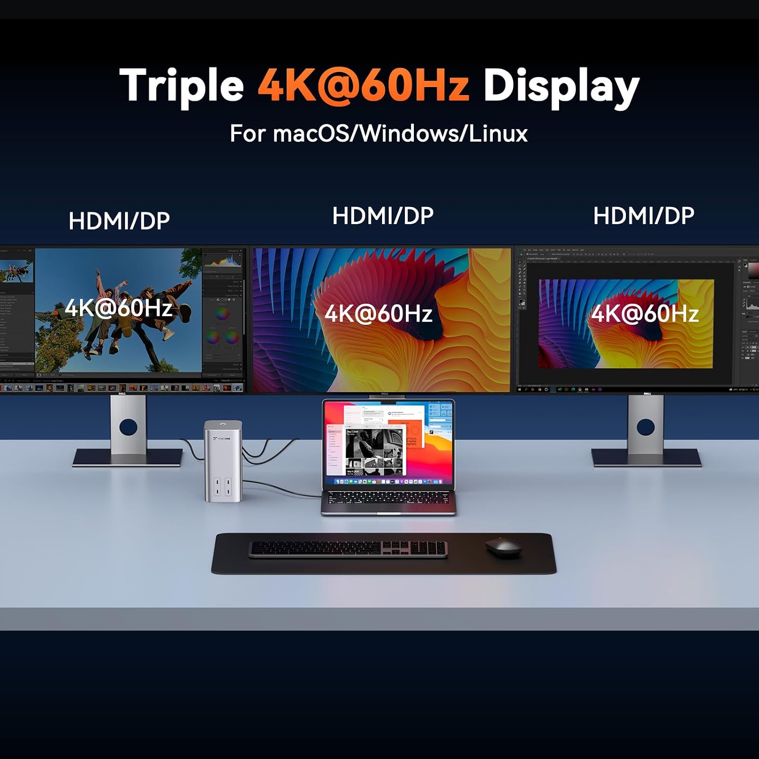 TobenONE 20-IN-1 Docking Station 3 Monitors for MacBook Neo, Triple 4K@60Hz Monitor Docking Station with 3 HDMI, 2 DP, 45W PD,150W Charger, 6 USB Ports, Driver-Based, for M1-M5 Pro/Max, Windows, Linux