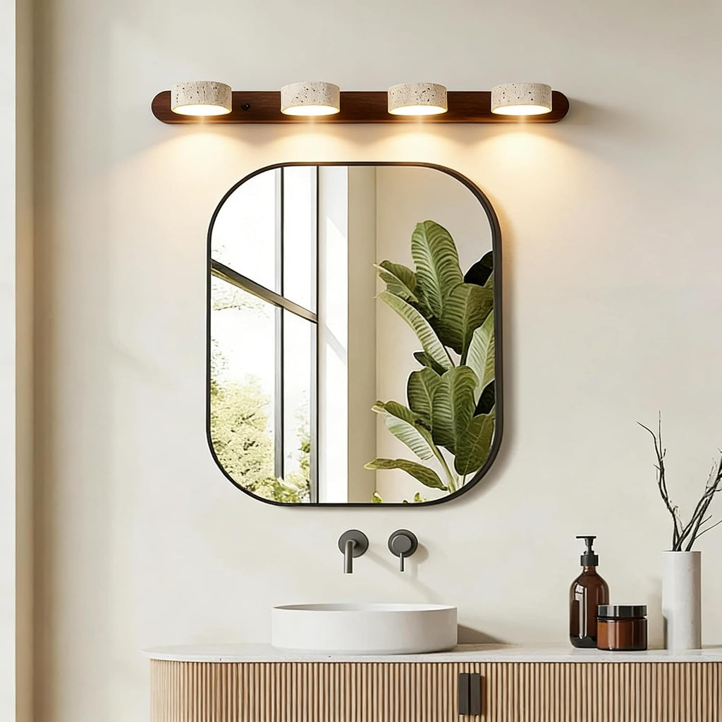 LED Bathroom Vanity Light, Travertine Stone Light Fixture, 360° Rotatable Stone Lampshades, Modern Rustic Wall Lamp for Bedroom, Living Room, Hallway (Walnut Wood-4 Lights)