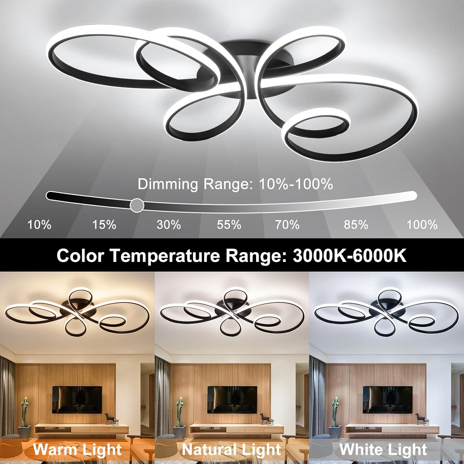 66W Modern LED Ceiling Light, 39.37Inch Flower Flush Mount Light Fixture with Remote Control Black Dimmable Ceiling Lamp for Living Room, Bedroom, Dining Room, Hallway, Kitchen