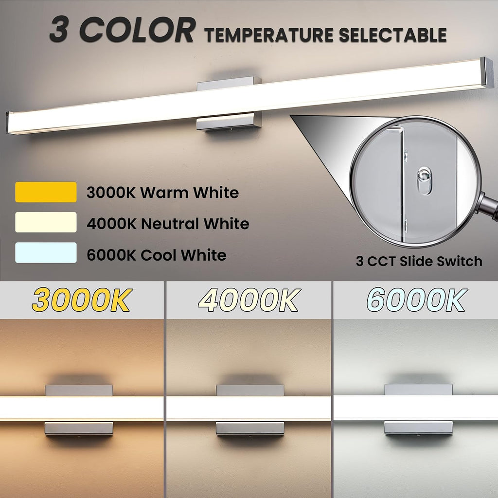 Modern LED Bathroom Vanity Light 48 inch 32W Dimmable 3CCT Bathroom Light Fixture Over Mirror Rectangle Bath Vanity Light Bar with Double Layer Acrylic Shade (Chrome)
