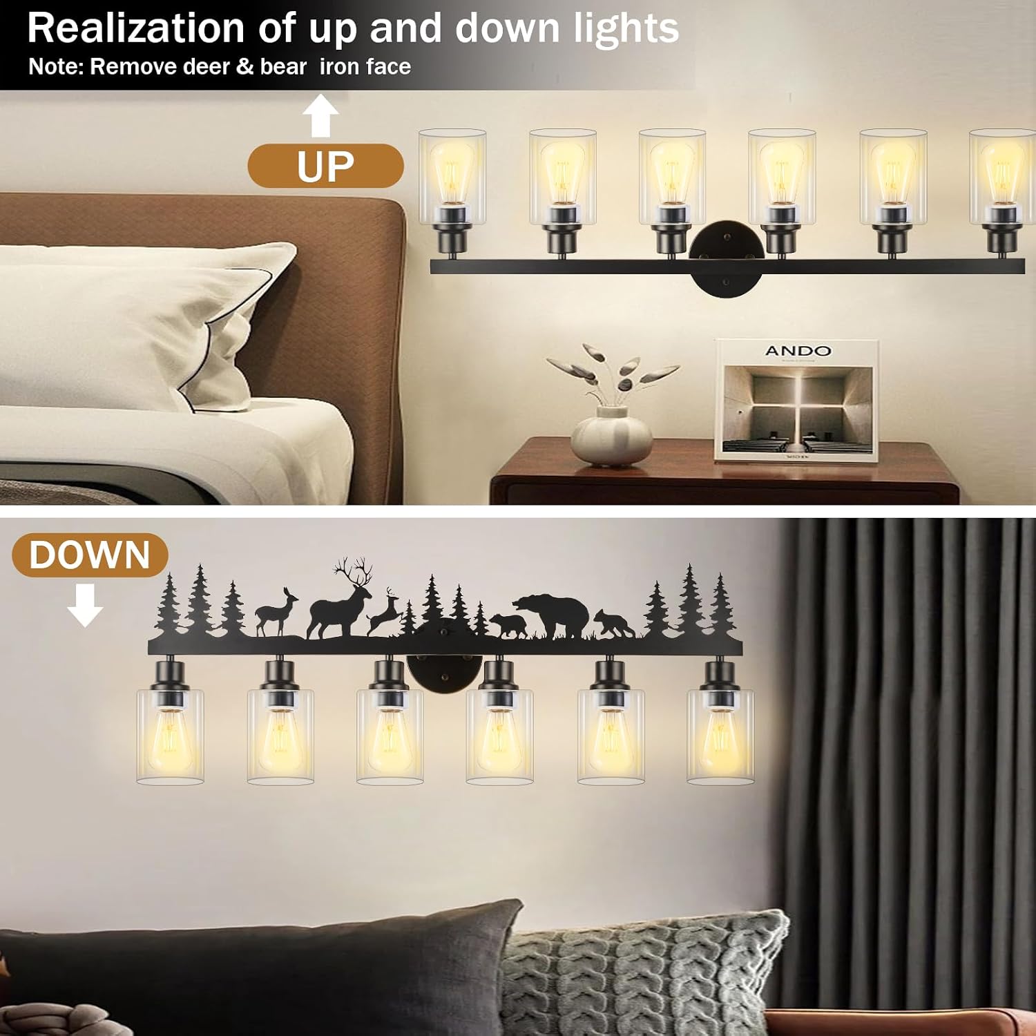 Rustic Bathroom Light Fixtures, 6-Light Farmhouse Vanity Lamp with Deer and Bear Design, Black Wall Lighting with Clear Glass Shade for Bathroom, Hallway, Kitchen, Porch