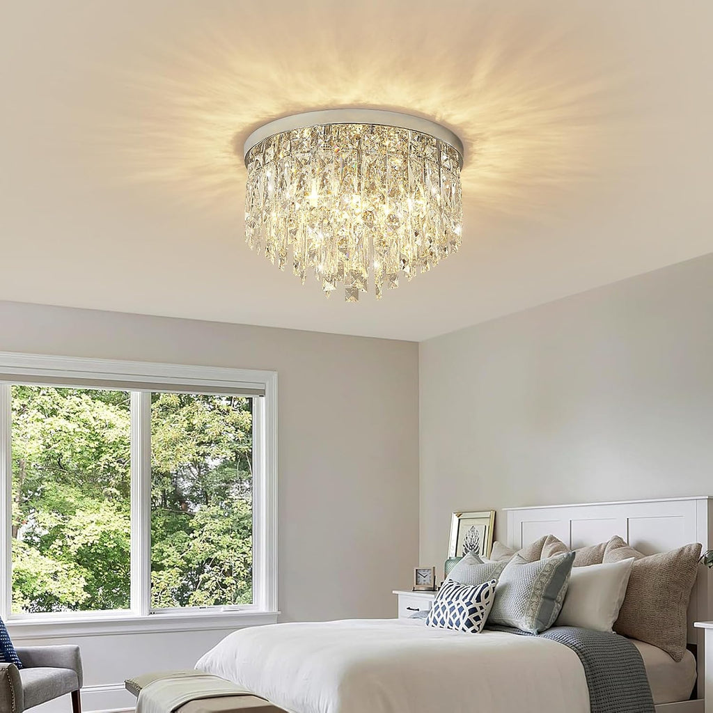 YMP&YZX Modern Chrome Ceiling Crystal Chandeliers,Diameter 15.7inch Semi Fulsh Mounted Chandelier Light Fixtures for Living Dining Room Bedroom Crystal Ceiling Fixture 5-Light