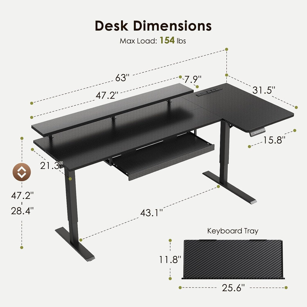 OffiGo 63 Inch L Shaped Electric Standing Desk with Keyboard Tray, Reversible Height Adjustable Corner Computer Desk with Monitor Stand, Sit Stand Up Lift Table for Home, Office, Carbon Fiber Black