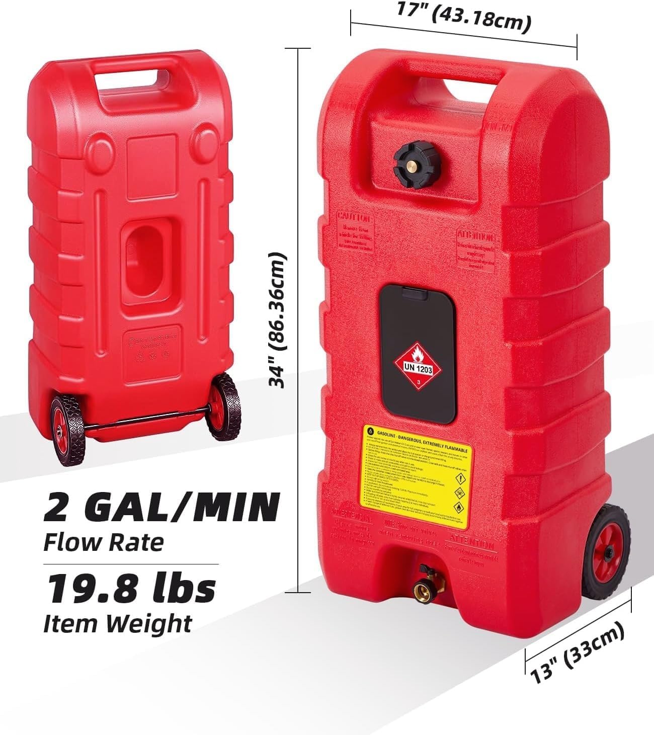 Gas Can 15 Gallon, Fuel Tank Container with Gravity & Hand Pump Modes, Portable Fuel Caddy with Wheels, 10 ft Delivery Hose & Manual Pump, Gas Caddy for Motorboats, ATVs, Gasoline & Diesel