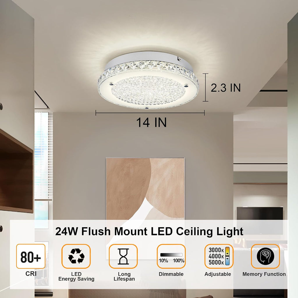Crystal Ceiling Light 3000/4000/5000K Crystal Ceiling Mounted Light Dimmble LED Chandelier for Hallway Dinning Room Bathroom Bedroom Hallway Entrance 14''
