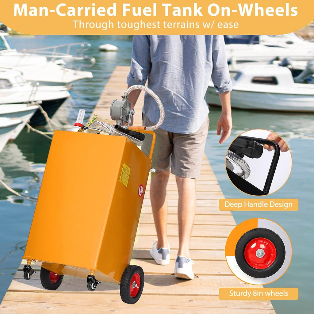 Garvee 35 gal Fuel Caddy with Manual Pump – Heavy Duty Gasoline & Diesel Transfer Tank On 4 Wheels, Spill-Proof Portable Fuel Container for Boat, Truck, Lawn Mower, ATV, Garage & Farm – Orange