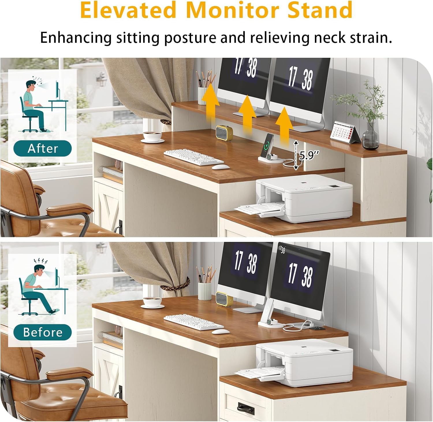 TVU Farmhouse Computer Desk with Drawers, 65'' Home Office Desk with Power Outlets, Storage Cabinet and Printer Stand, Study Writing Desks with Long Monitor Stand, Brown and White