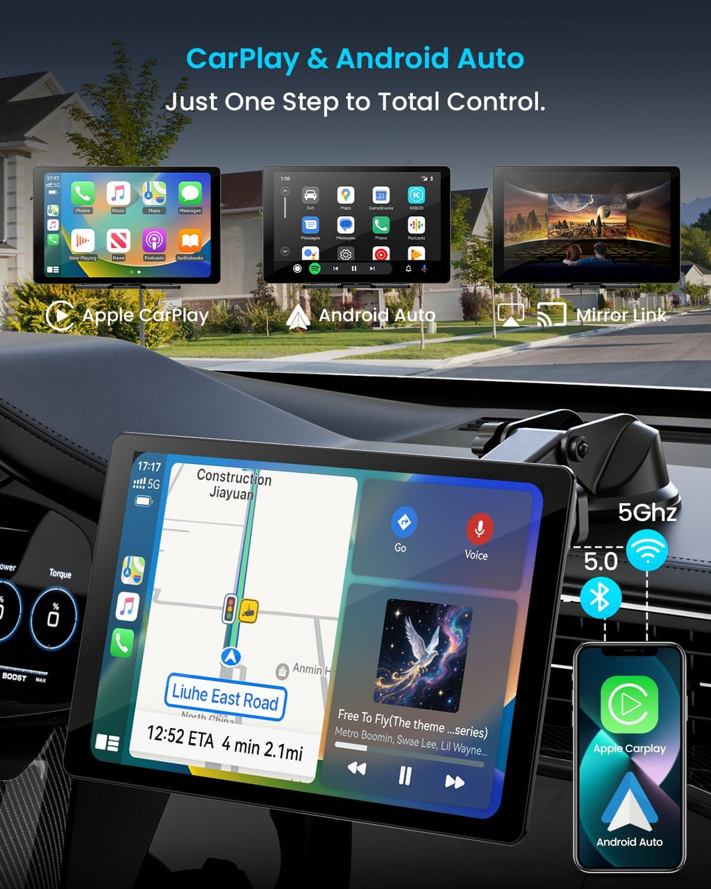 11' Extra Large Wireless Apple CarPlay Screen for Car – Ultra-Slim 0.16 Inch Touchscreen Car Stereo with Android Auto, 4K Dash Cam, 1080p Backup Camera, GPS, Mirror Link, Voice Control