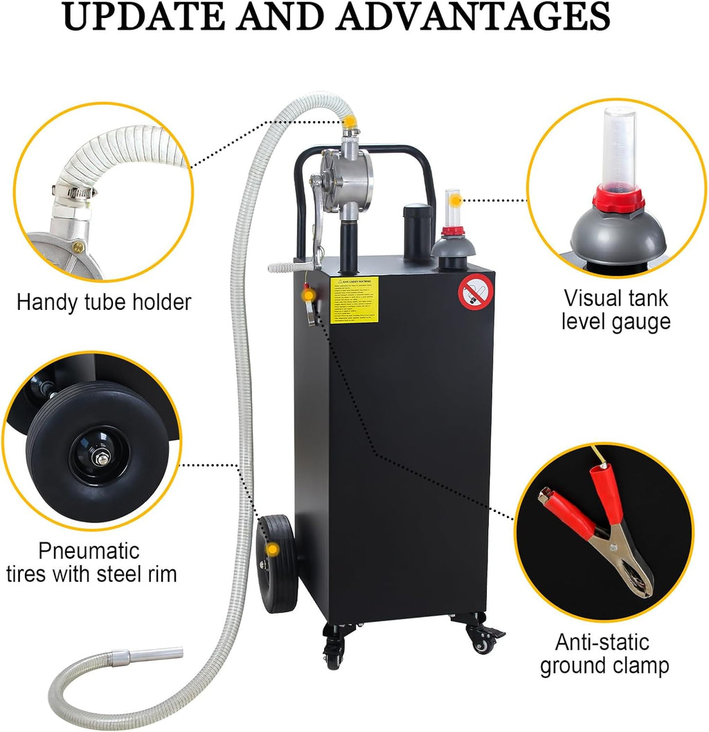 30 Gallon Gas Caddy with Pump, Portable Gas Tank on 4 Wheels, Manual Transfer Pump for Gasoline & Diesel, Large Fuel Storage Tank for Cars, Lawn Mowers, ATVs, Boats