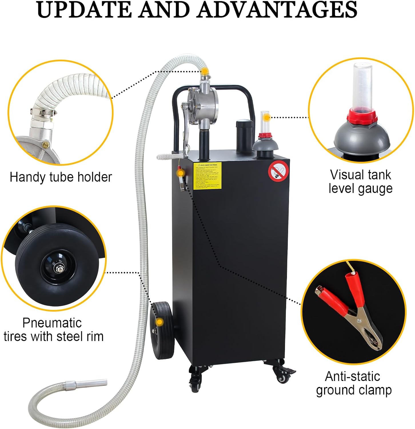 30 Gallon Gas Caddy with Pump, Portable Gas Tank on 4 Wheels, Manual Transfer Pump for Gasoline & Diesel, Large Fuel Storage Tank for Cars, Lawn Mowers, ATVs, Boats