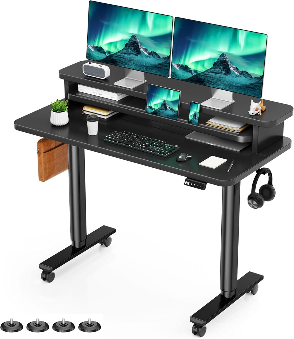Flycity Electric Standing Desk with Dual Monitor Stand, Height Adjustable Desk Sit Stand Desk with Memory Controller, Casters & 2 Hooks, Low Noise Home Office Desk (Black, 48' x 24')