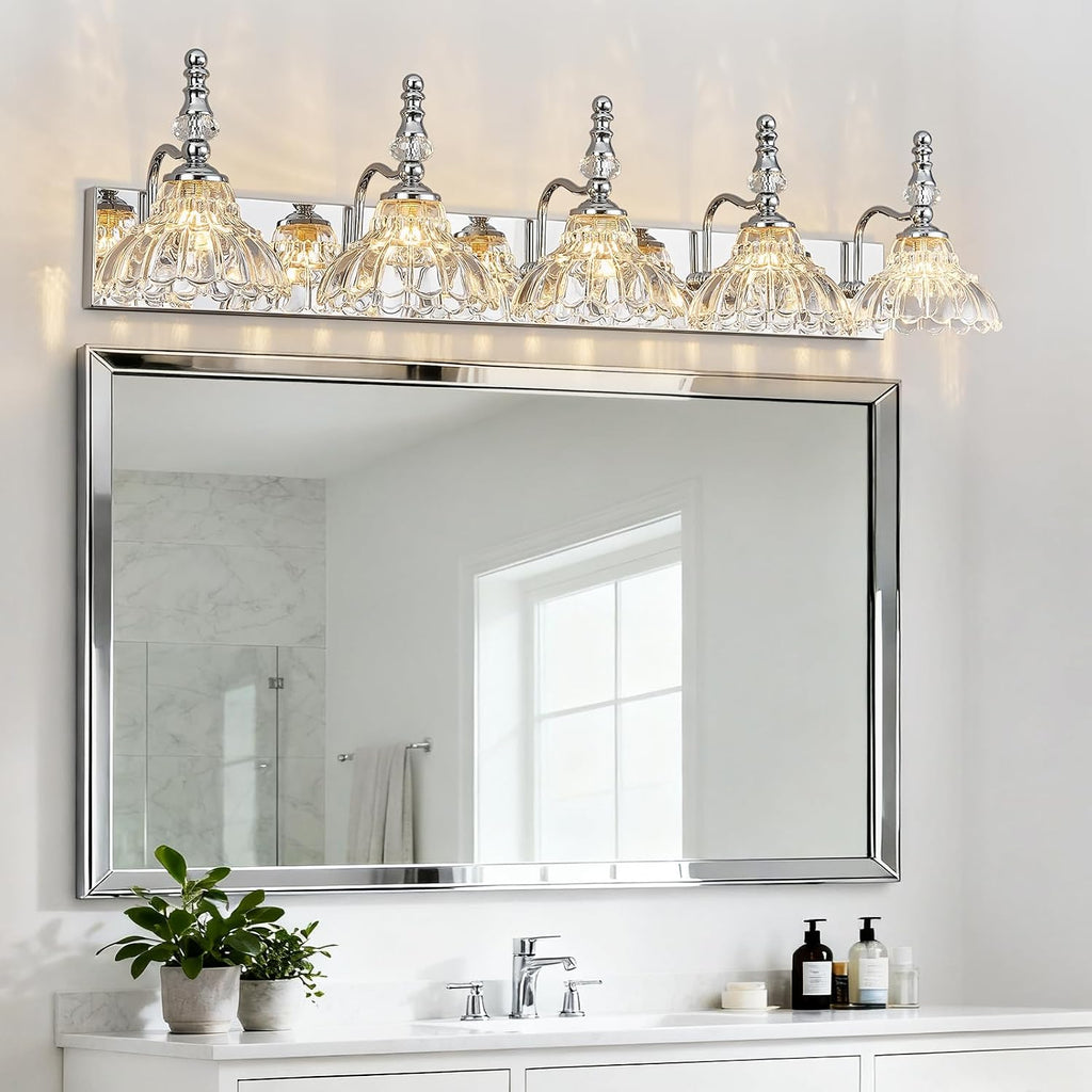 Vintage Bathroom Vanity Light, 5-Light Chrome Vanity Lighting Fixture with Flower Glass Shade, Bathroom Lighting Fixtures Over Mirror