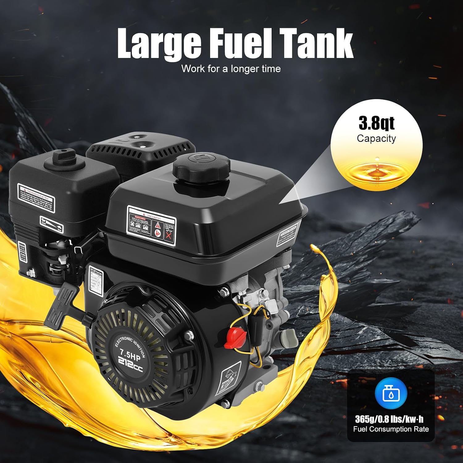 212cc 4-Stroke Gas Engine Motor for Honda GX160, 7.5HP Gasoline Motor Engine Horizontal Shaft, Go Kart Pull Start Gas Powered Engine with Air Cooling System for Honda Karts, Lawnmowers
