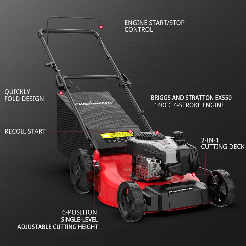 PowerSmart Gas Lawn Mower 21-inch with 140cc Briggs and Stratton E550 Engine, 2-in-1 Push Mower with Mulch, Bagger