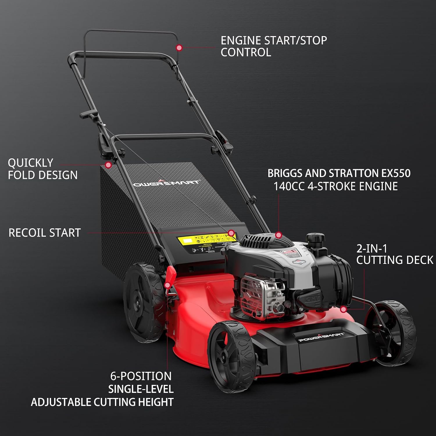 PowerSmart Gas Lawn Mower 21-inch with 140cc Briggs and Stratton E550 Engine, 2-in-1 Push Mower with Mulch, Bagger