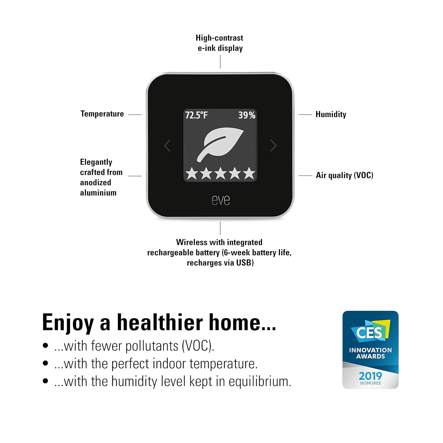 Eve Room - Indoor air Quality Sensor to Monitor air Quality (VOC), Temperature & Humidity, Apple HomeKit Technology, Bluetooth and Thread