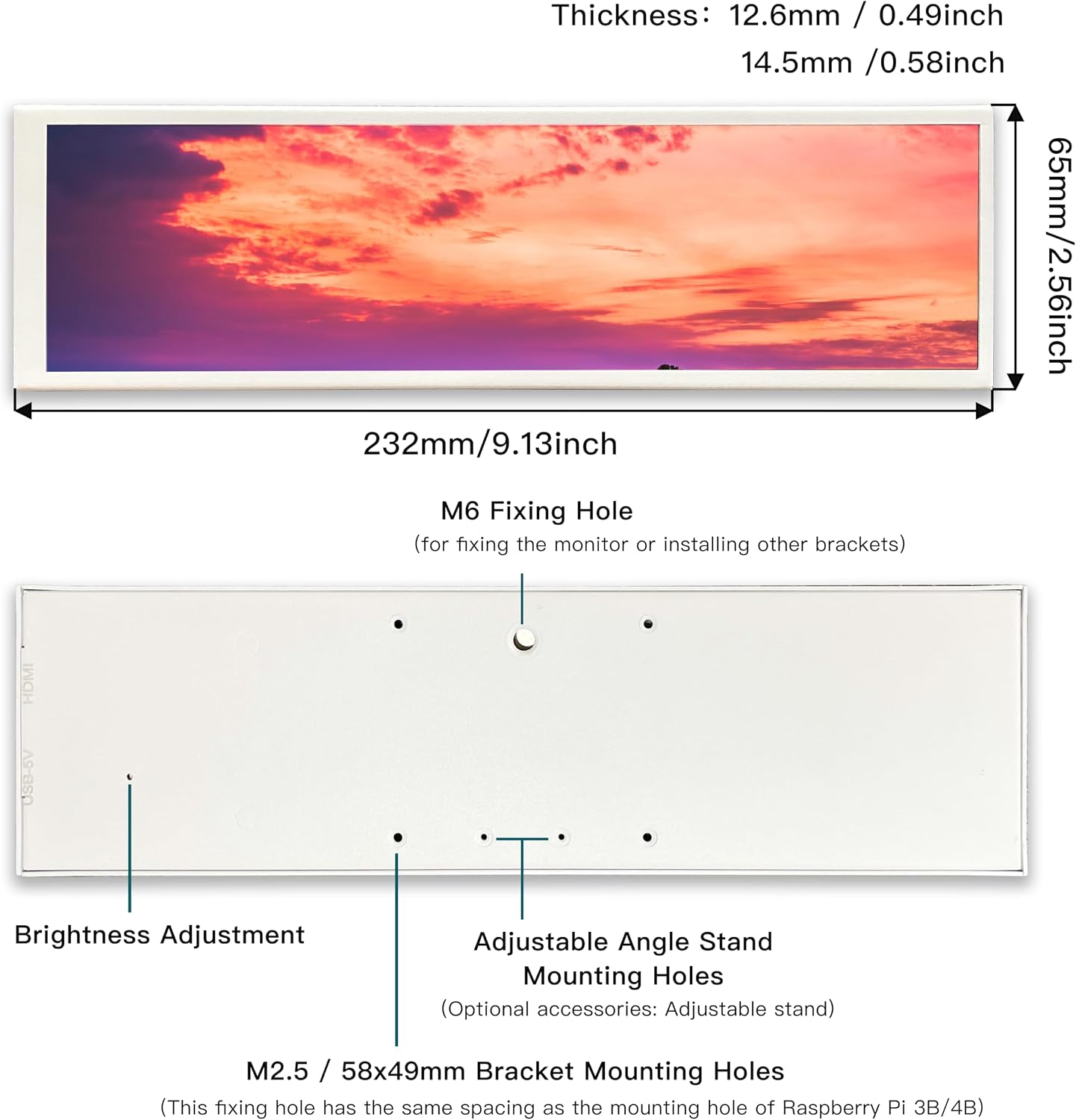 8.8' Mini Stretched Bar Monitor Touchscreen 480x1920 PC Temperature Display 600nits High Brightness Portable Secondary Screen LCD Screen Inside PC Case White