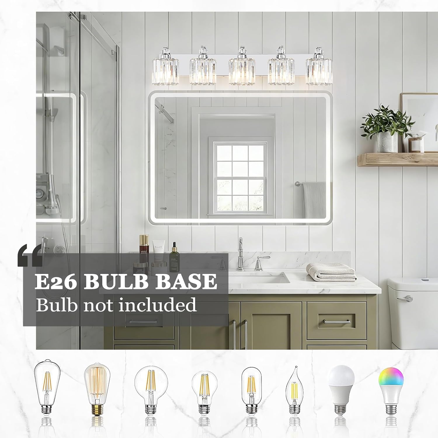 5-Light Modern Bathroom Light Fixture Chrome Vanity Lights Over Mirror Wall Sconce Lighting with K9 Crystal Shades Bathroom Wall Lamp E26 Base for Bedroom, Living Room, Hallway