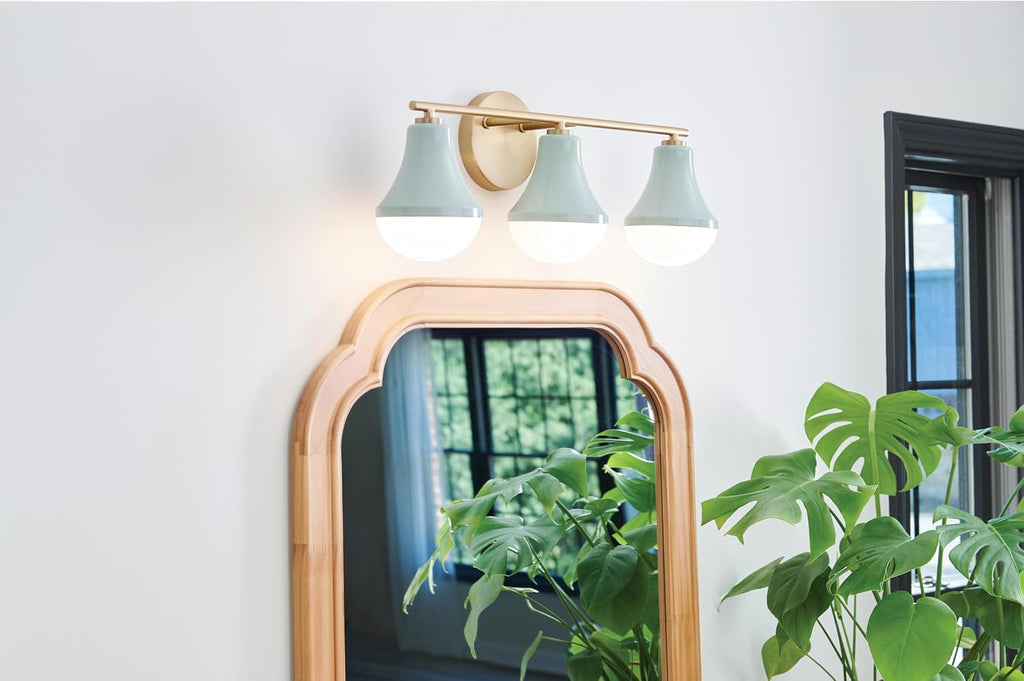 Lark Haddie Modern Three-Light Bath Vanity, Fixture Mounts Up or Down Over Bathroom Mirror, Seafoam and Lacquered Brass Finish