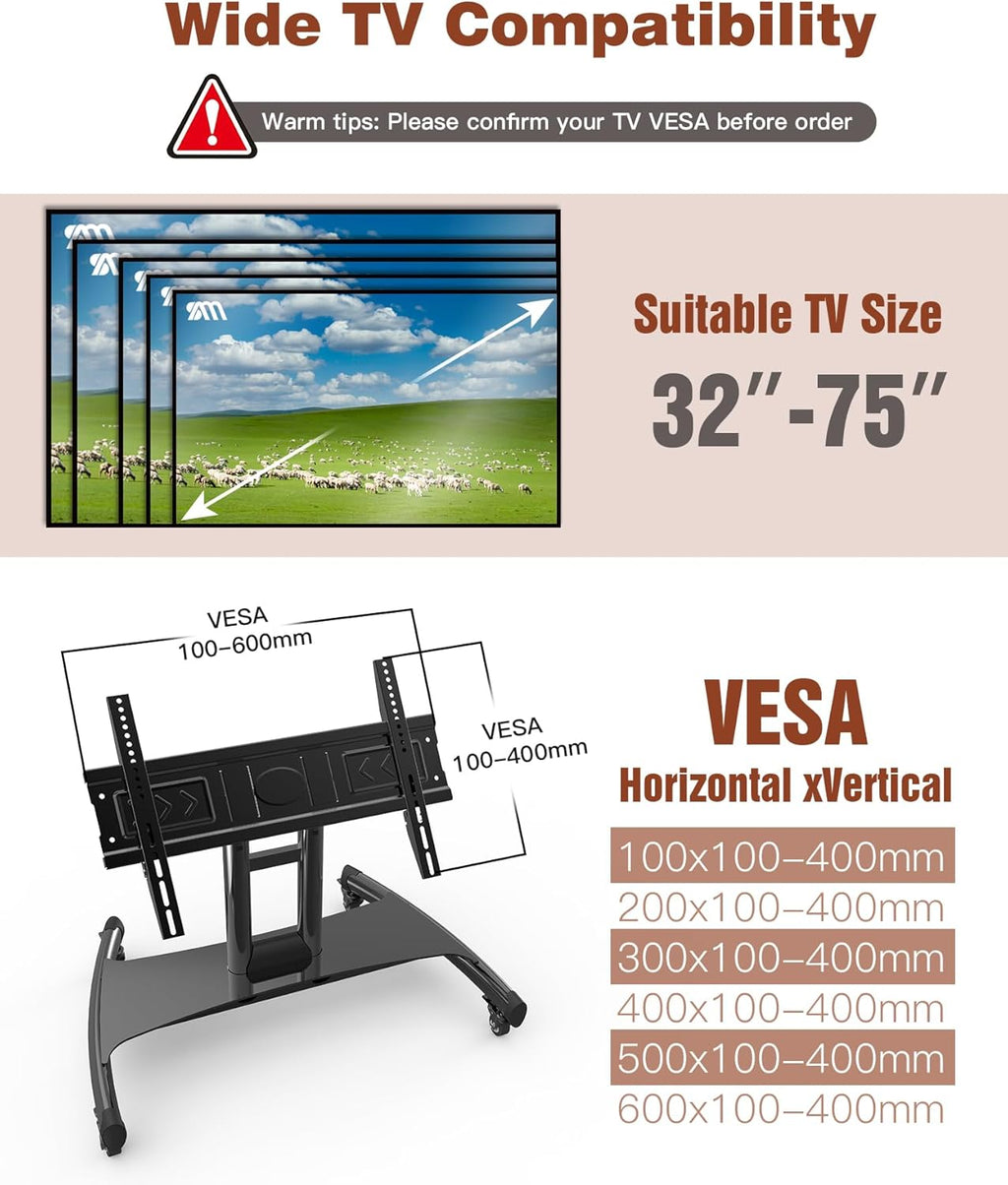 Rolling TV Stand, Portable Mobile Floor Confidence Monitor Stand on Wheels for 32-75 Inch Flat Screen TVs, Low Profile TV Cart with Height and 90° Viewing Angle Adjustable, Max VESA 600x400mm, 100lbs