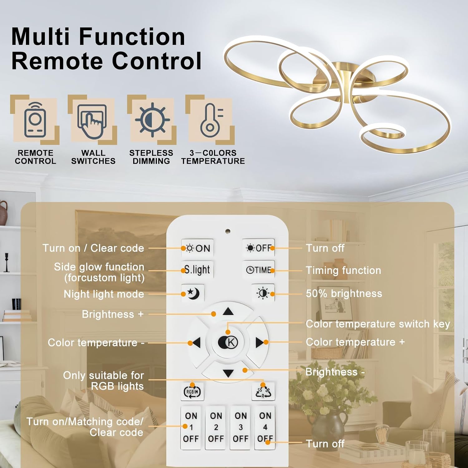 20inch Modern LED Ceiling Light, 5 Rings Flower Black Dimmable Ceiling Lamp for Living Room, Bedroom, Dining Room, Kitchen (Gold,39.37Inch)