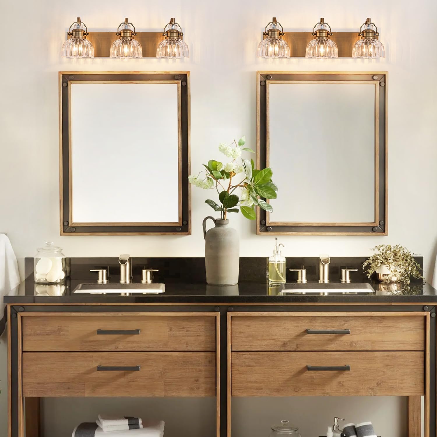 22.83 Inch Vintage 3-Light Vanity Light for Bathroom Brushed Brass Lighting Rustic Vanity Light for Mirror, Farmhouse Bathroom Lighting Fixture(Rust-Proof, Easy Install, Exclude Bulb)