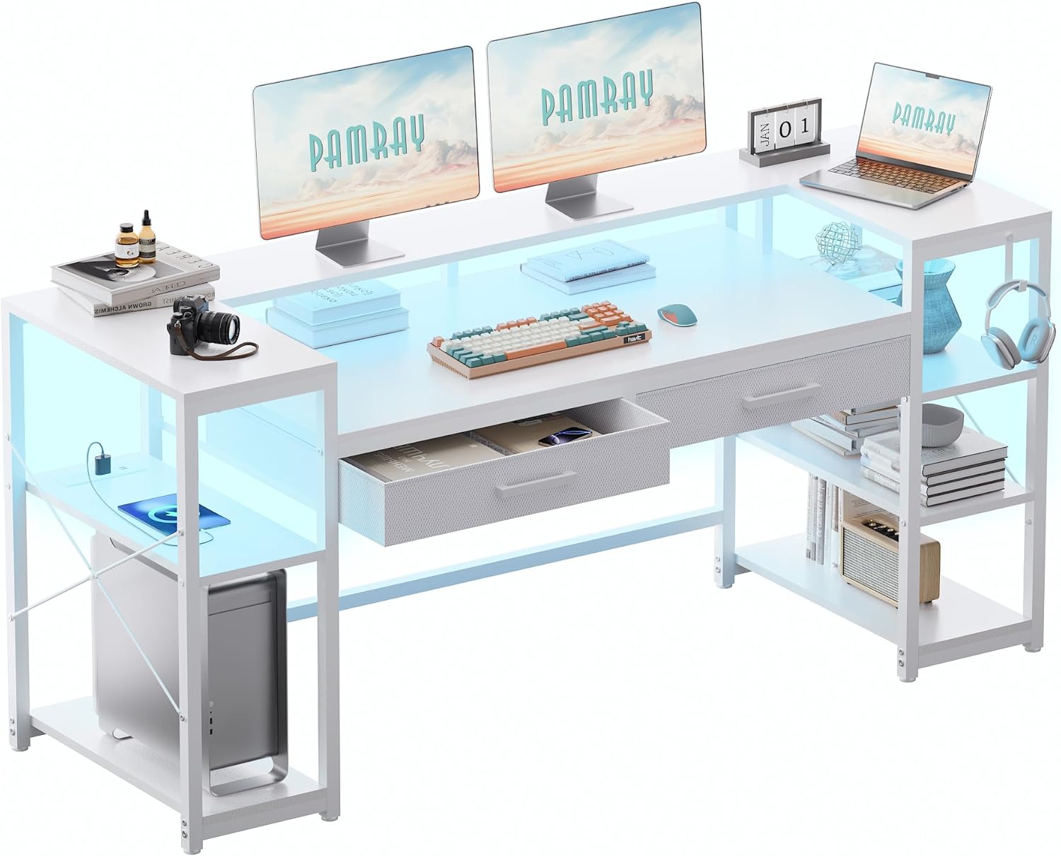 Pamray 58 Inch Computer Desk with Monitor Stand and Shelves Gaming Desk with LED Lights & Power Outlets PC Vanity Table with 2 Drawers for Home Office White