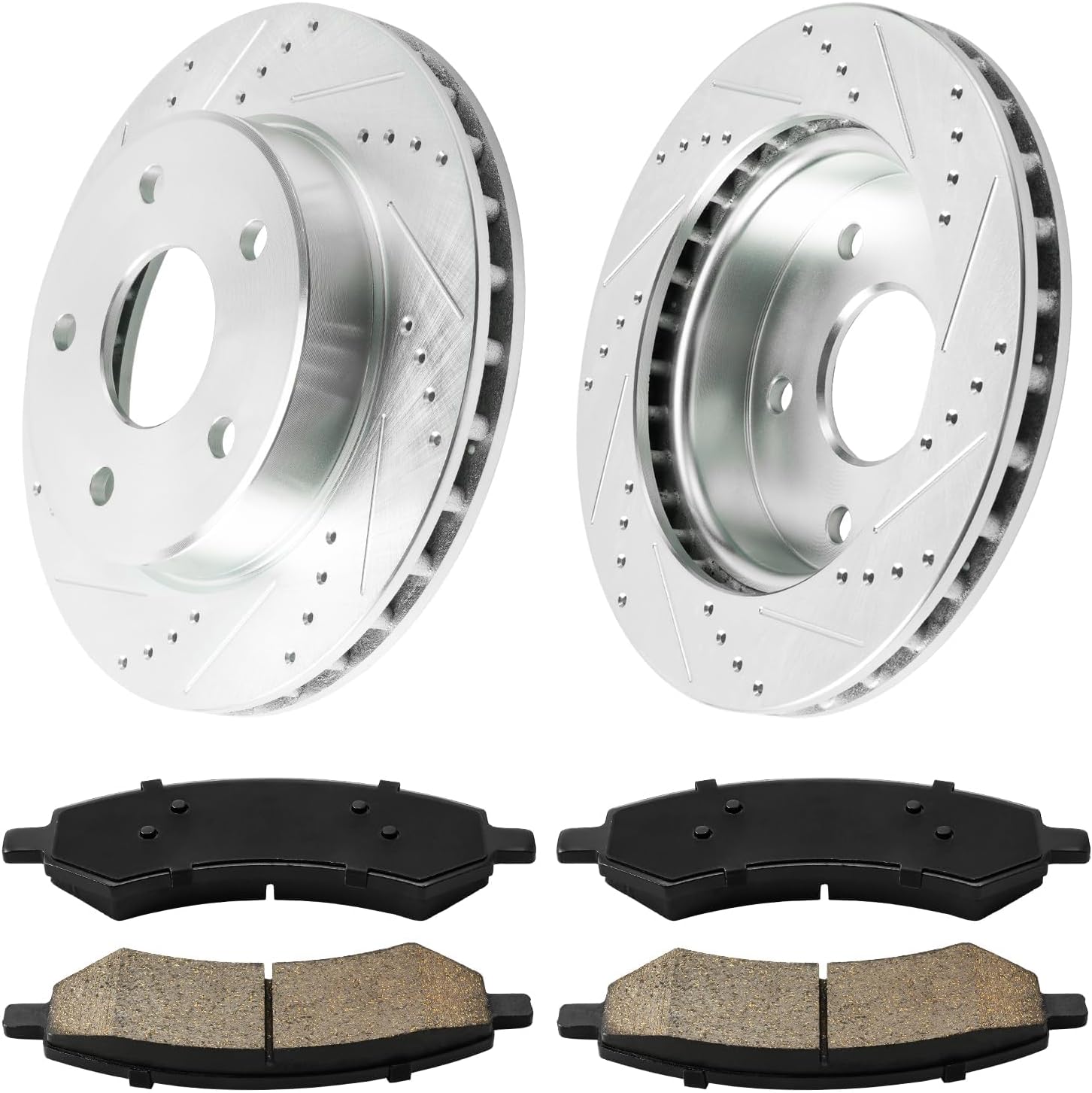 KAC Front Brake Rotors and Ceramic Brake Pads Set for Raider 2006-2009, Dakota 2011, Dakota 2005-2010 Drilled and Slotted Disc Brake Rotor Replace 53025+D1084