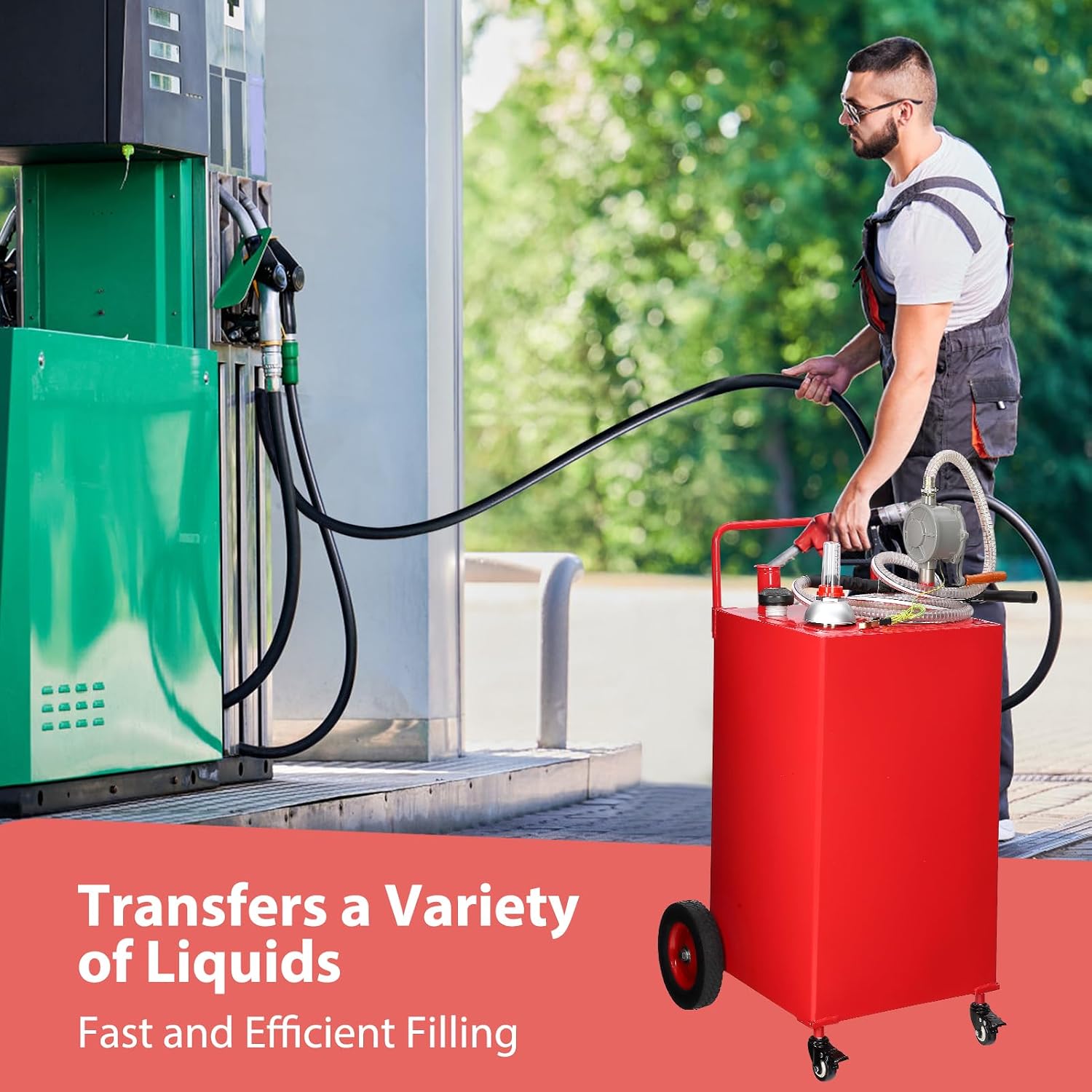 30 Gallon Portable Fuel Caddy with Manual Pump – Heavy Duty 4 Wheel Fuel Tank for Gasoline & Diesel, Mobile Fuel Storage for Trucks, Boats, Lawn Mowers & Farms – Red