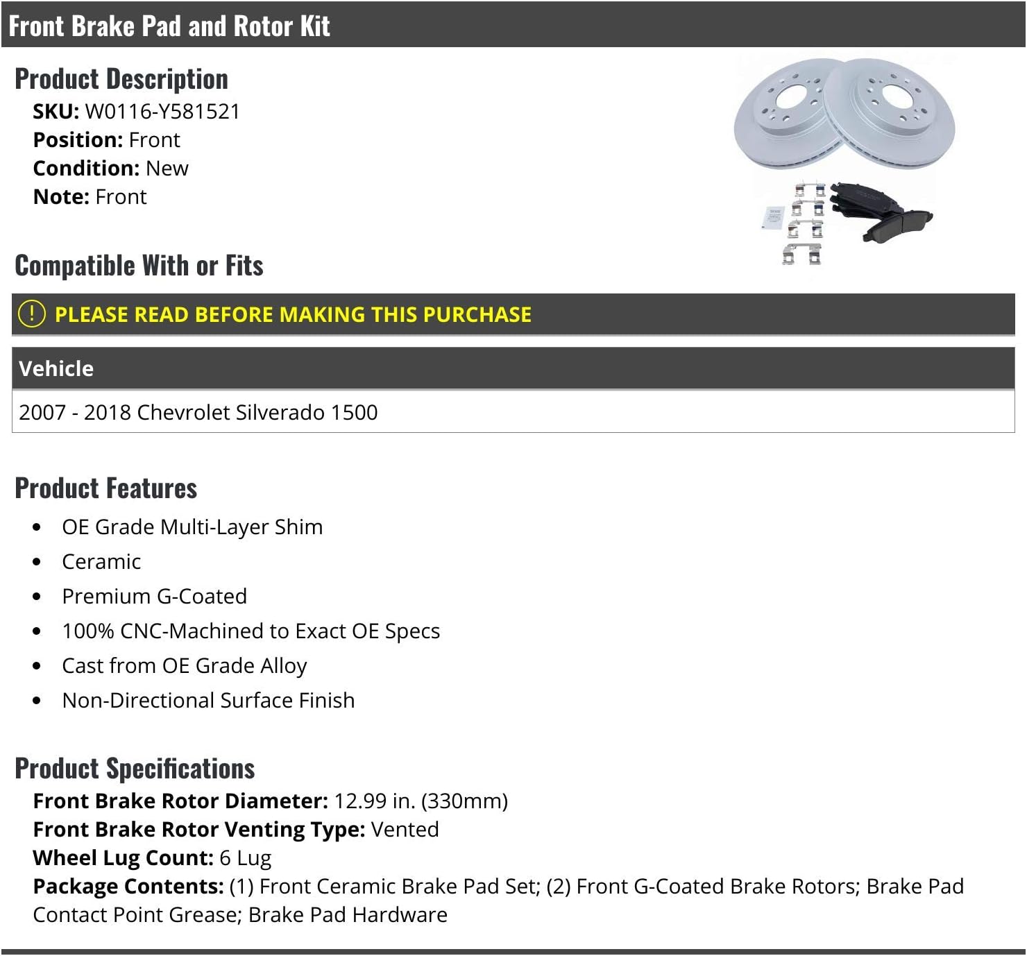 Front Ceramic Brake Pad and Rotor Kit - 6 Lug - Vented Front Rotors - Compatible with 2007-2018 Chevy Silverado 1500