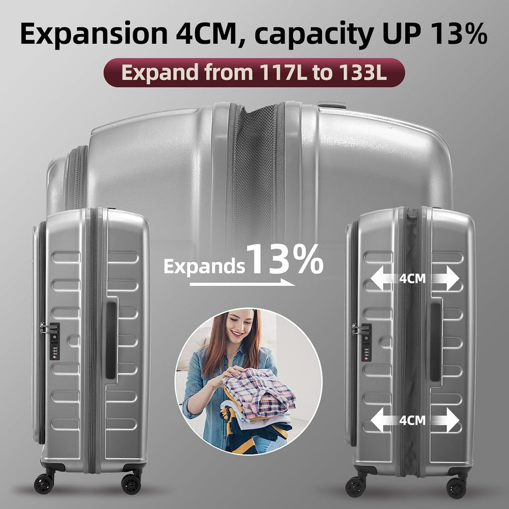 Kaleenie 29 Inch Luggage with Expansion & Side Opening Design, 50 * 31(35)*76cm, 117L~133L Ligthweight ABS+PC Hardshell Checked Suitcase, Gray