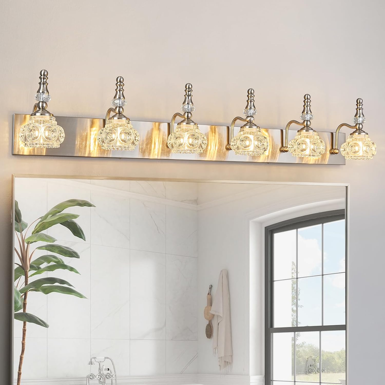Modern Glass Crystal Vanity Light - Vintage Bathroom Lighting Fixtures Over Mirror, 6 Light Vanity Lights G9 Bulb (43.3 Inch, Nickel)