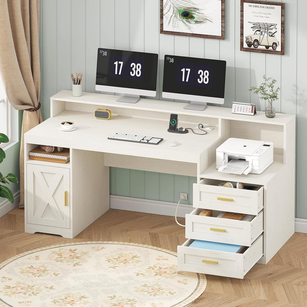TVU Farmhouse Computer Desk with Drawers, 65'' Home Office Desk with Power Outlets, Storage Cabinet and Printer Stand, Study Writing Desks with Long Monitor Stand, White