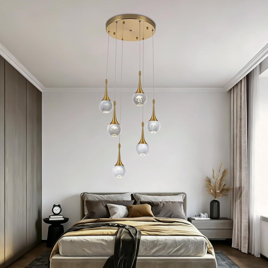 CHYING 6-Lights Pendant Lights Kitchen Island, Modern LED Dimmable Globe Crystal Jellyfish Teardrop Ceiling Pendant Chandelier for Dining Room Hallway Foyer Staircase, Gold Warm White