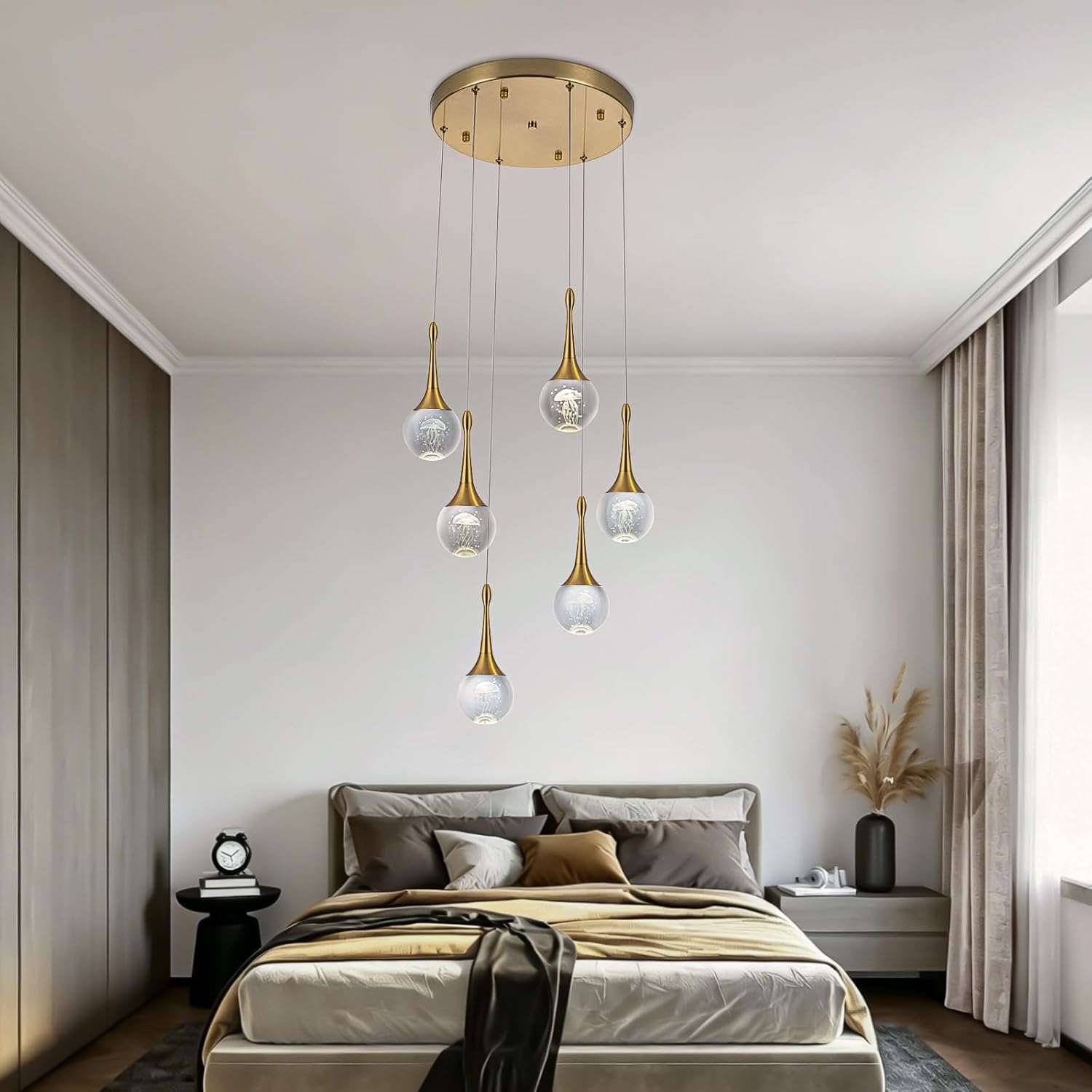 CHYING 6-Lights Pendant Lights Kitchen Island, Modern LED Dimmable Globe Crystal Jellyfish Teardrop Ceiling Pendant Chandelier for Dining Room Hallway Foyer Staircase, Gold Warm White