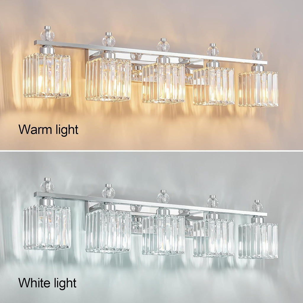 Vanity Lights 5-Light Modern Crystal Vanity Light Chrome Bathroom Light Fixtures Over Mirror Crystal Bathroom Vanity Lighting Fixtures