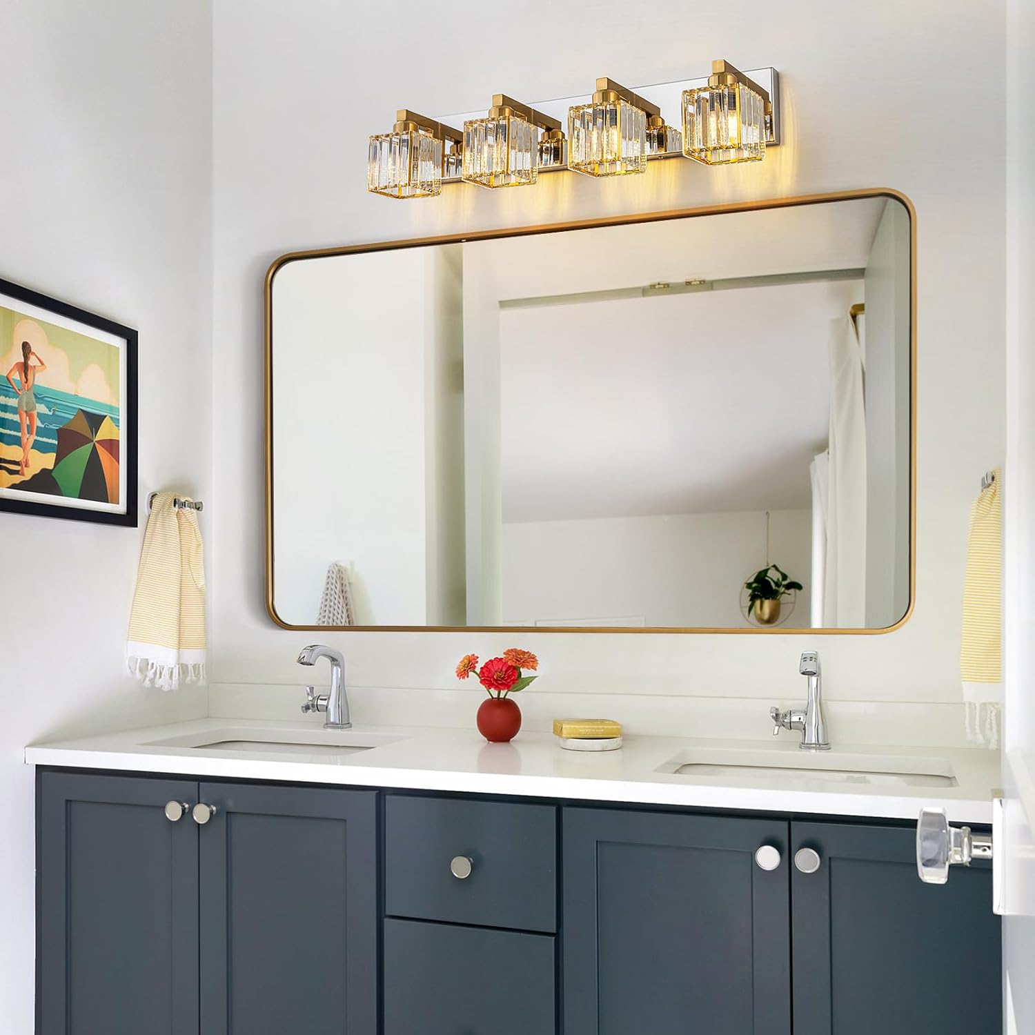 Crystal Bathroom Vanity Light Gold Chrome 4-Light Modern Chrome Vanity Light for Bathroom Square Wall Sconce