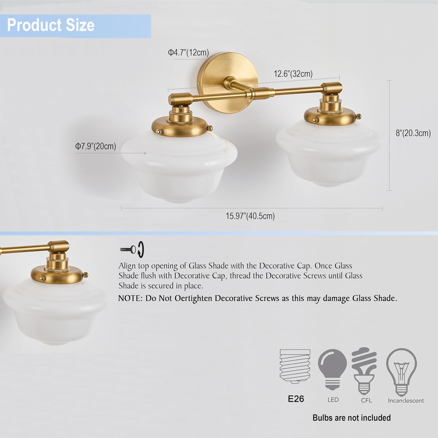 FCTWAKS 2-Light Vintage Bathroom Vanity Light, Schoolhouse Light Fixture - Brushed Gold with Milk Glass Shades, Modern Farmhouse Wall Sconce