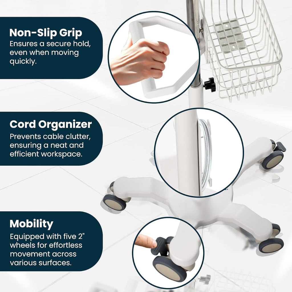 VivaDiagnostics Rolling Stand Vital Signs Monitor for WE 7000 Series Connex Spot, (Monitor NOT Included), Blood Pressure Cuff Basket, Work Surface, Adjustable Pole, and Cord Organizer