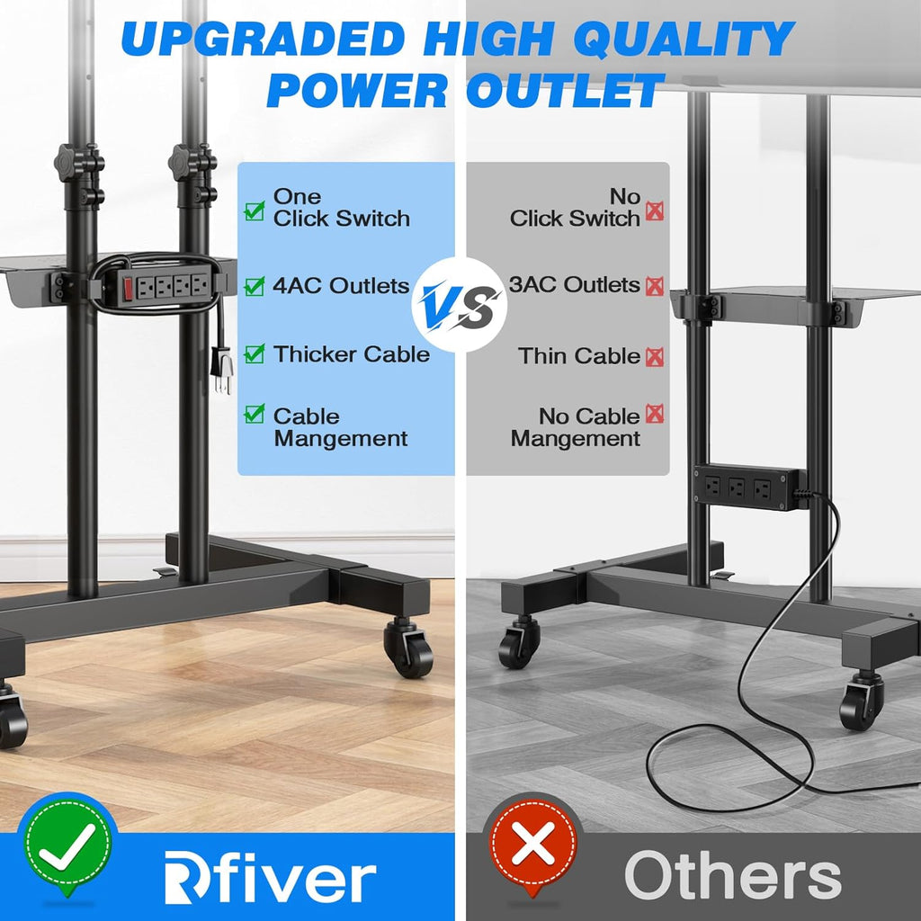 Rfiver Upgraded Mobile TV Stand on Wheels with Power Outlet, Heavy Duty Rolling TV Cart for 32-85 Inch TVs up to 132 lbs, Height Adjustable Portable Floor TV Stand for Bedroom, Home Office, Onesize