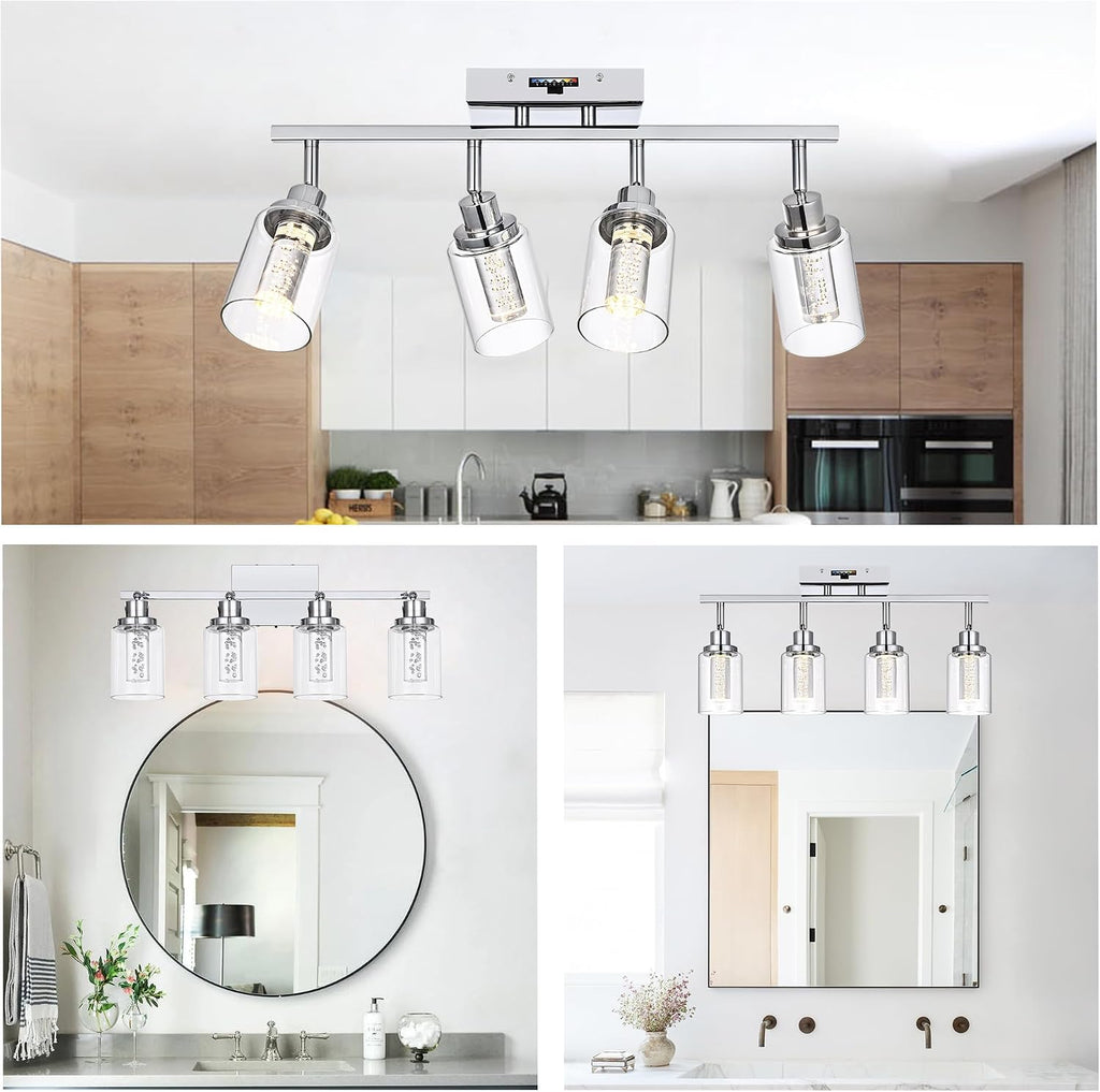 MELUCEE 5-Color Dimmbale Track Lighting Fixtures Ceiling 4-Light LED Track Lighting Kit Chrome Rotatable Spotlight Ceiling Mount Bathroom Wall Sconces, Kitchen Tracking Lights, Clear Glass Shade