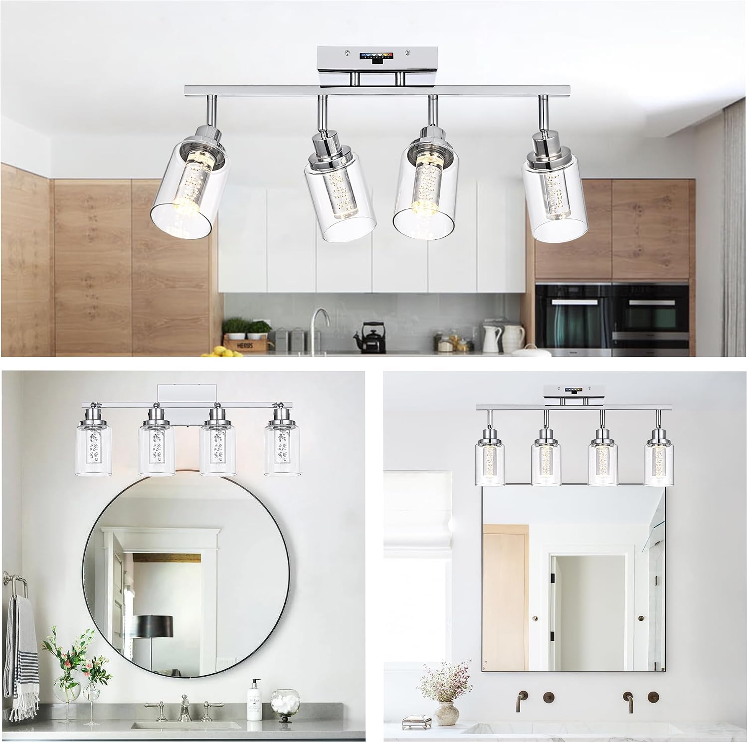 MELUCEE 5-Color Dimmbale Track Lighting Fixtures Ceiling 4-Light LED Track Lighting Kit Chrome Rotatable Spotlight Ceiling Mount Bathroom Wall Sconces, Kitchen Tracking Lights, Clear Glass Shade