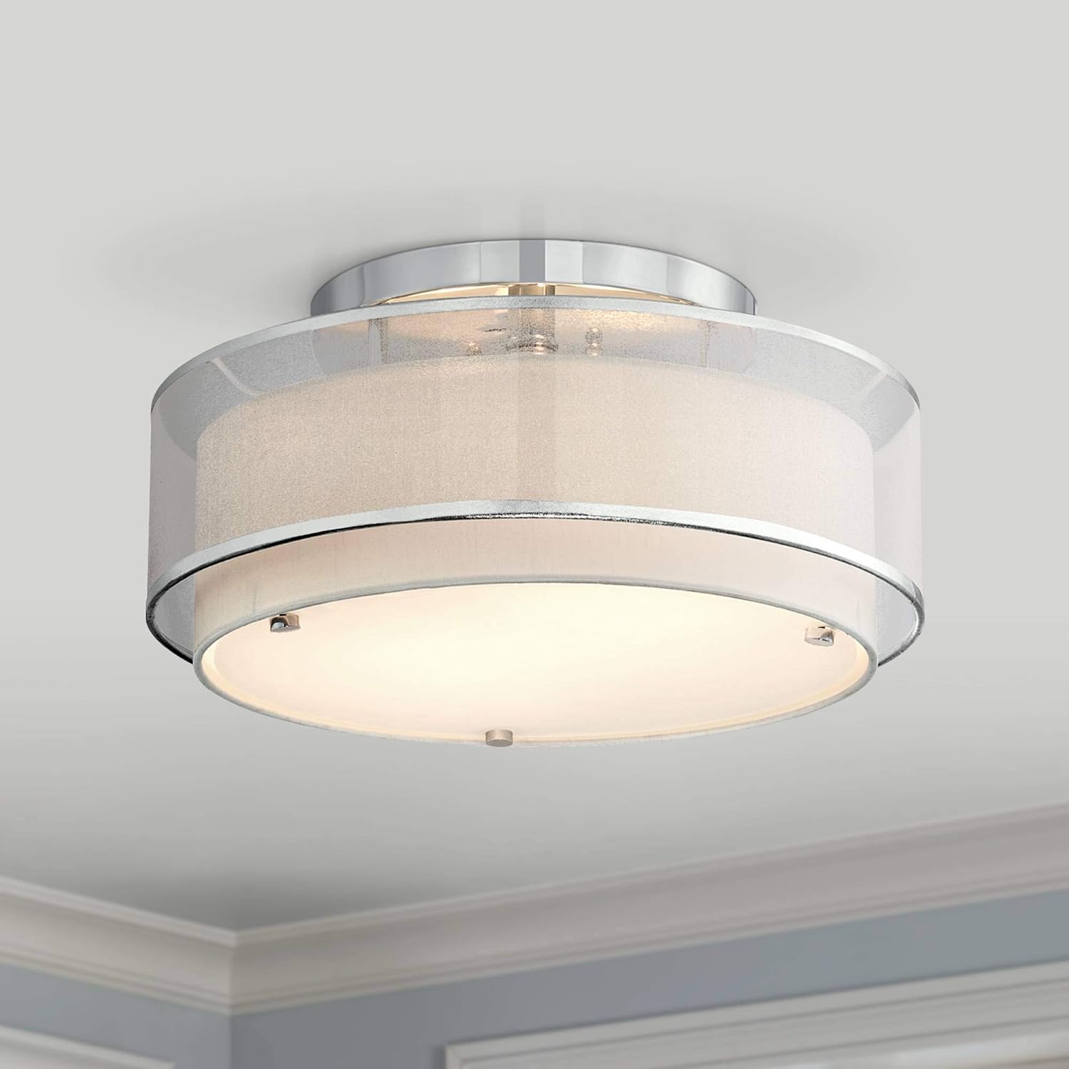 Possini Euro Design Double Organza Modern Ceiling Lighting Semi Flush-Mount Fixture 16' Wide Chrome 2-Light Sheer Fabric Outer Off White Inner Drum Shade for Bedroom Kitchen Living Room Hallway