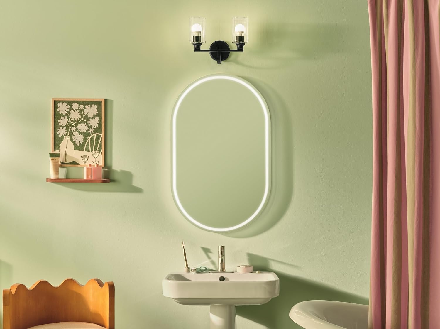 Kichler Gioe 14.25' 2-Light Bathroom Vanity Light Fixture with Clear Fluted Glass in Black, Damp Rated for Powder Room Over Mirror (14.25' W x 10.5' H), 55225BKFLU