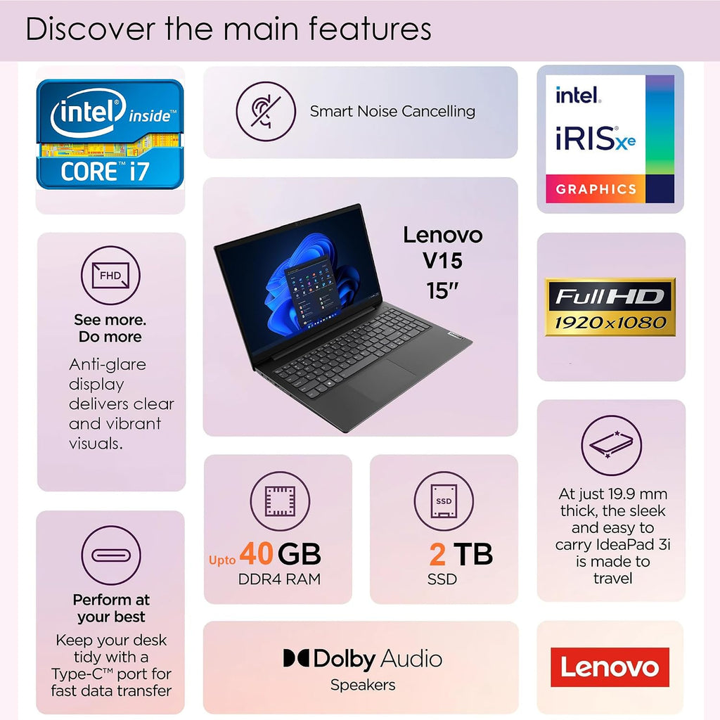Lenovo V15 G3 Business Laptop, 15.6' FHD Screen, 12th Gen Intel 10 Cores i7-1255U up to 4.7GHz, 16GB RAM, 1TB PCIe SSD, HD Camera with Privacy Shutter, Wi-Fi, HDMI, Windows 11 Home, Black