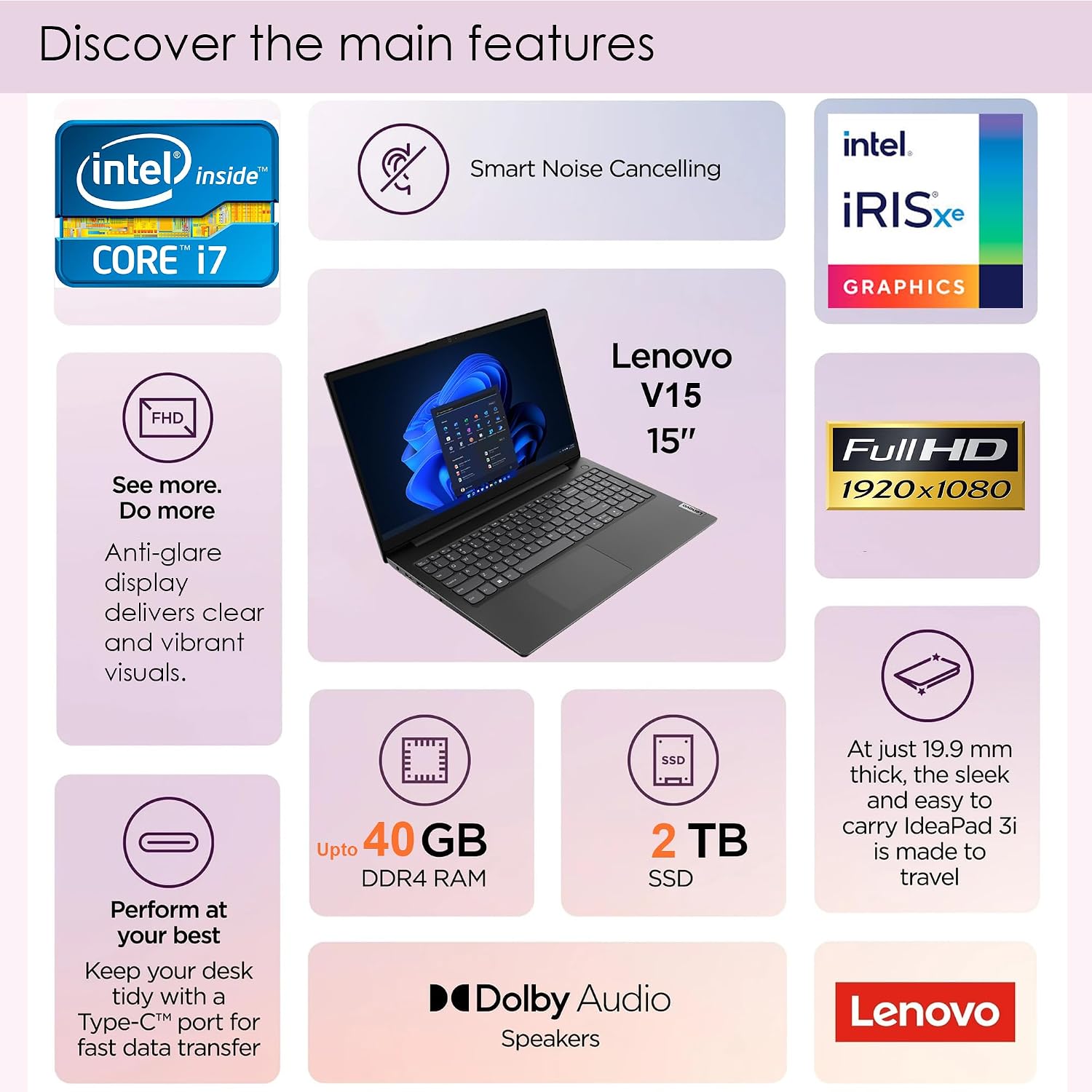 Lenovo V15 G3 Business Laptop, 15.6' FHD Screen, 12th Gen Intel 10 Cores i7-1255U up to 4.7GHz, 16GB RAM, 1TB PCIe SSD, HD Camera with Privacy Shutter, Wi-Fi, HDMI, Windows 11 Home, Black
