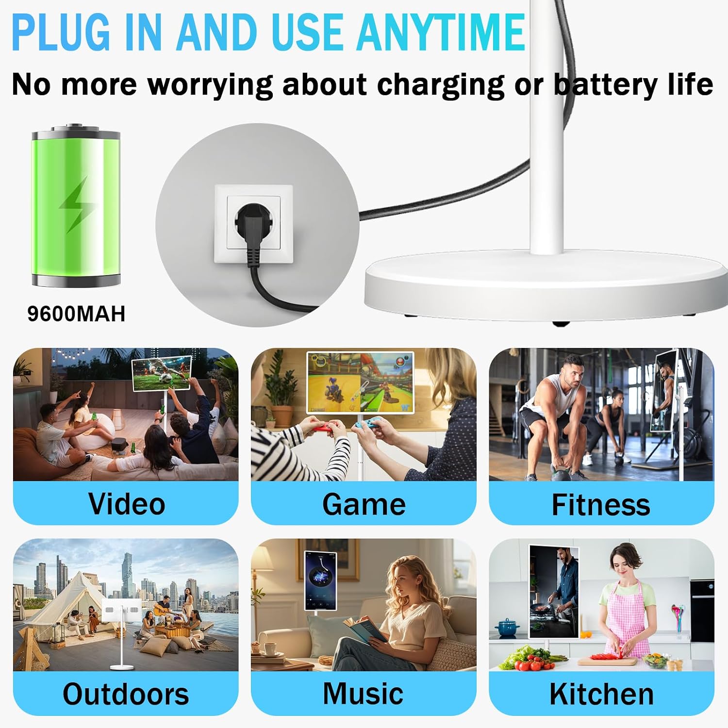32' FHD Smart Portable TV, Rolling TV on Wheels, Android 15 OS, 6G +128GB Storage, Portable Touch Screen Monitor, 8MP Camera, Built-in Battery, Full Swivel Rotation, Voice Remote