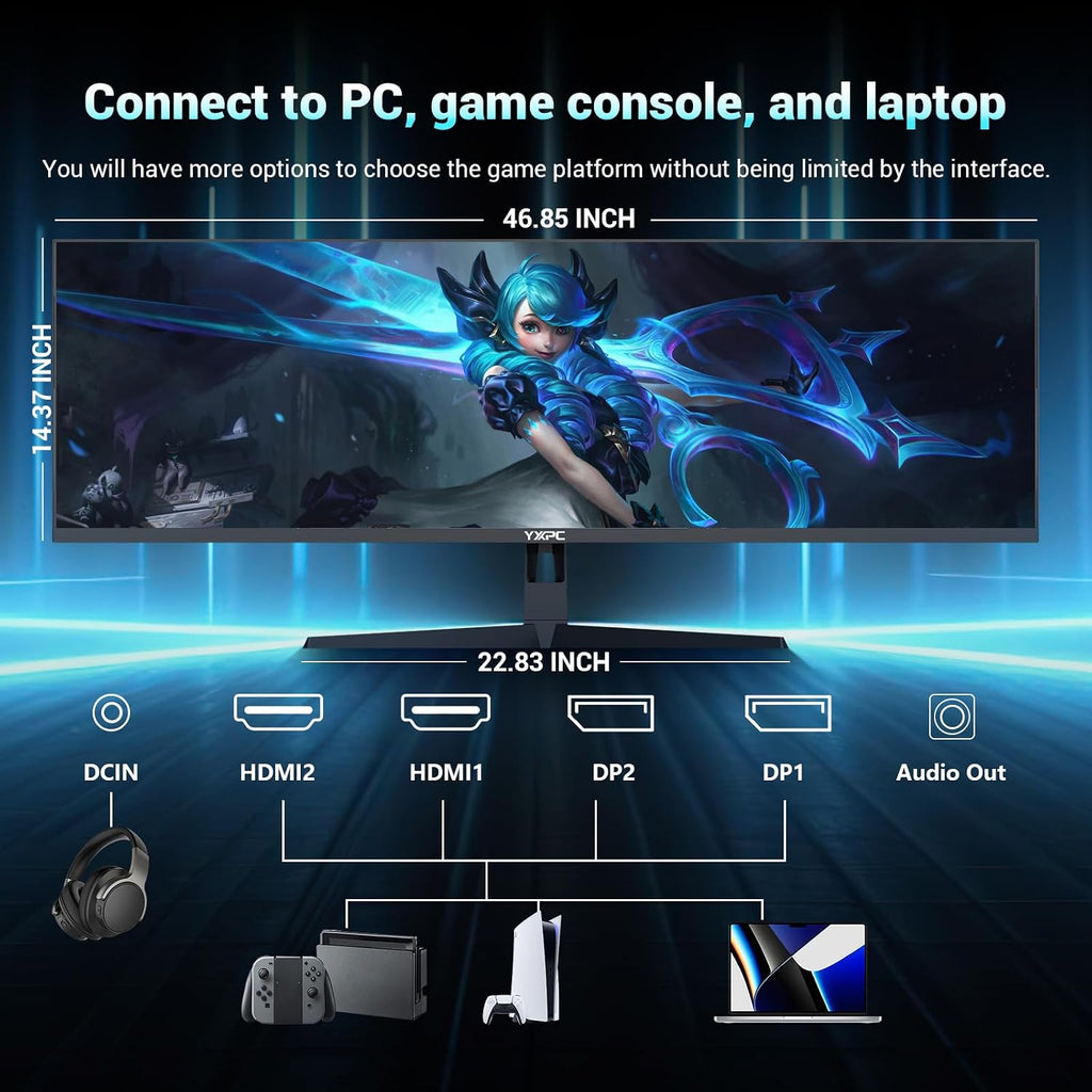 49' inch Curved Ultrawide Gaming Monitor DQHD 5120x1440 165Hz 32:9 1500R 120% sRGB FreeSync,HDR10,PIP/PBP,1ms MPRT,Eye Care,HDMI 2.1 * 2, DP1.4 * 2, VESA(100mm*100mm) Wall Mount Ready